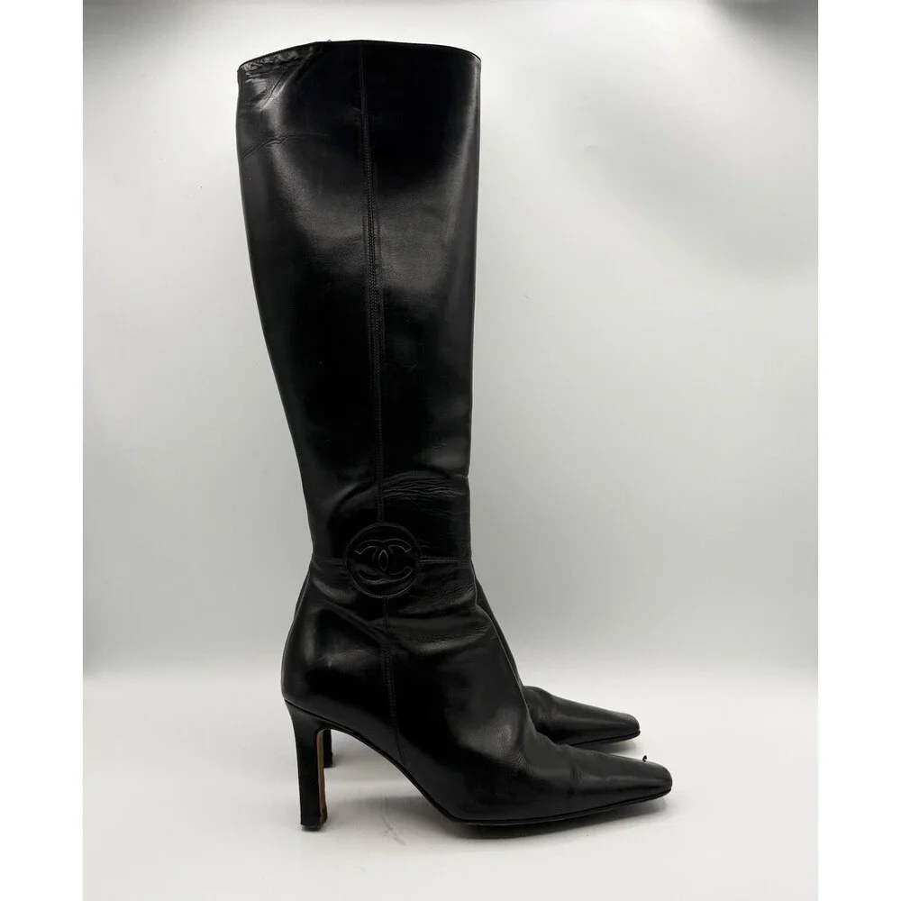 Chanel Black Leather CC Logo Knee High Boots Square Toe Vintage Size EU 35